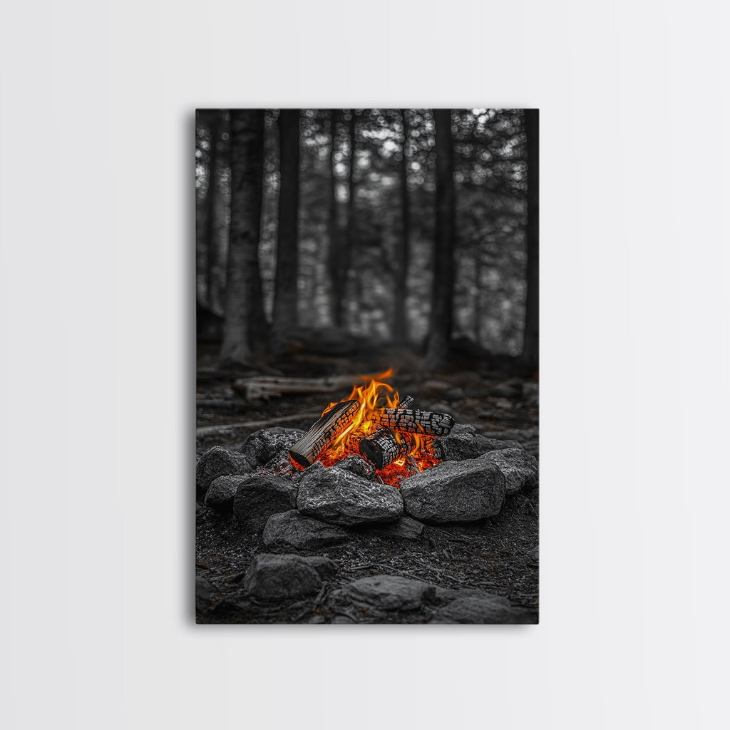 Campfire Glow, Cozy Flames, Autumn Wall Art, Framed Canvas Print, Nature Photography, Rustic Decor, Living Room Cabin Aesthetic