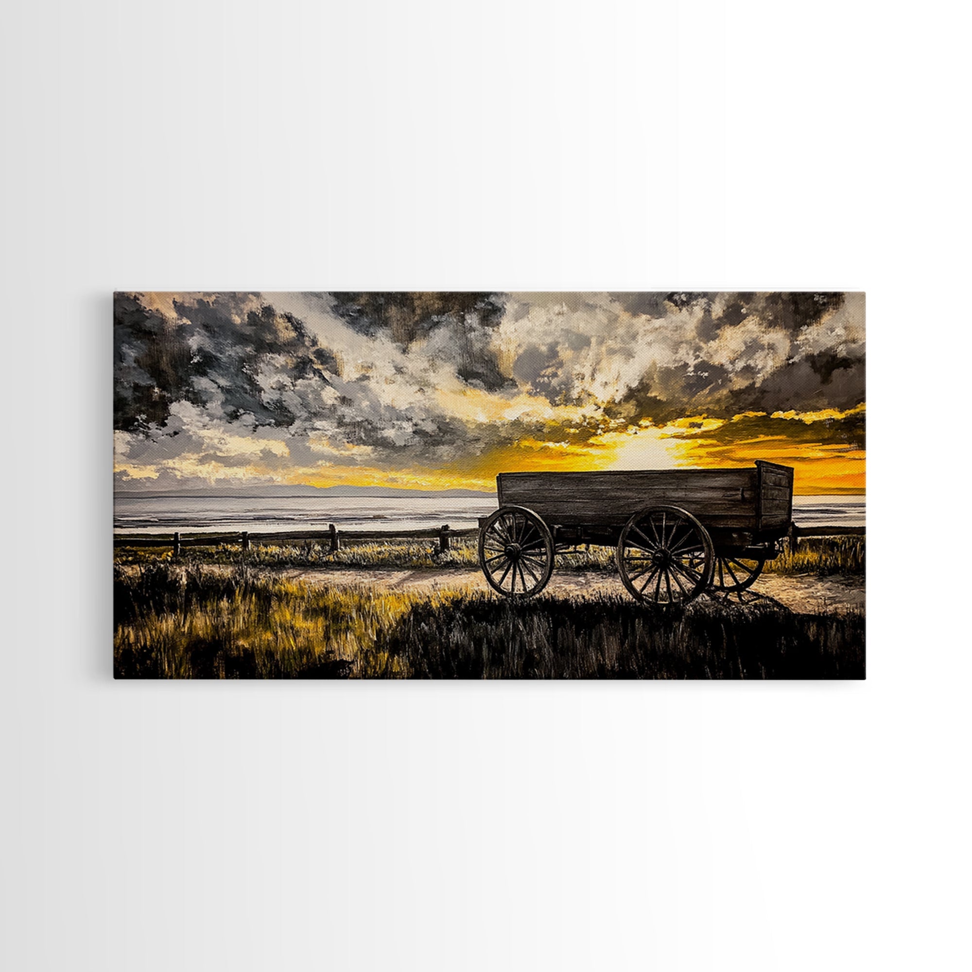 Wooden Wagon, barn landscape oil painting, rustic wall art, farmhouse art, vintage decor, extra wide art, framed canvas print, panoramic art