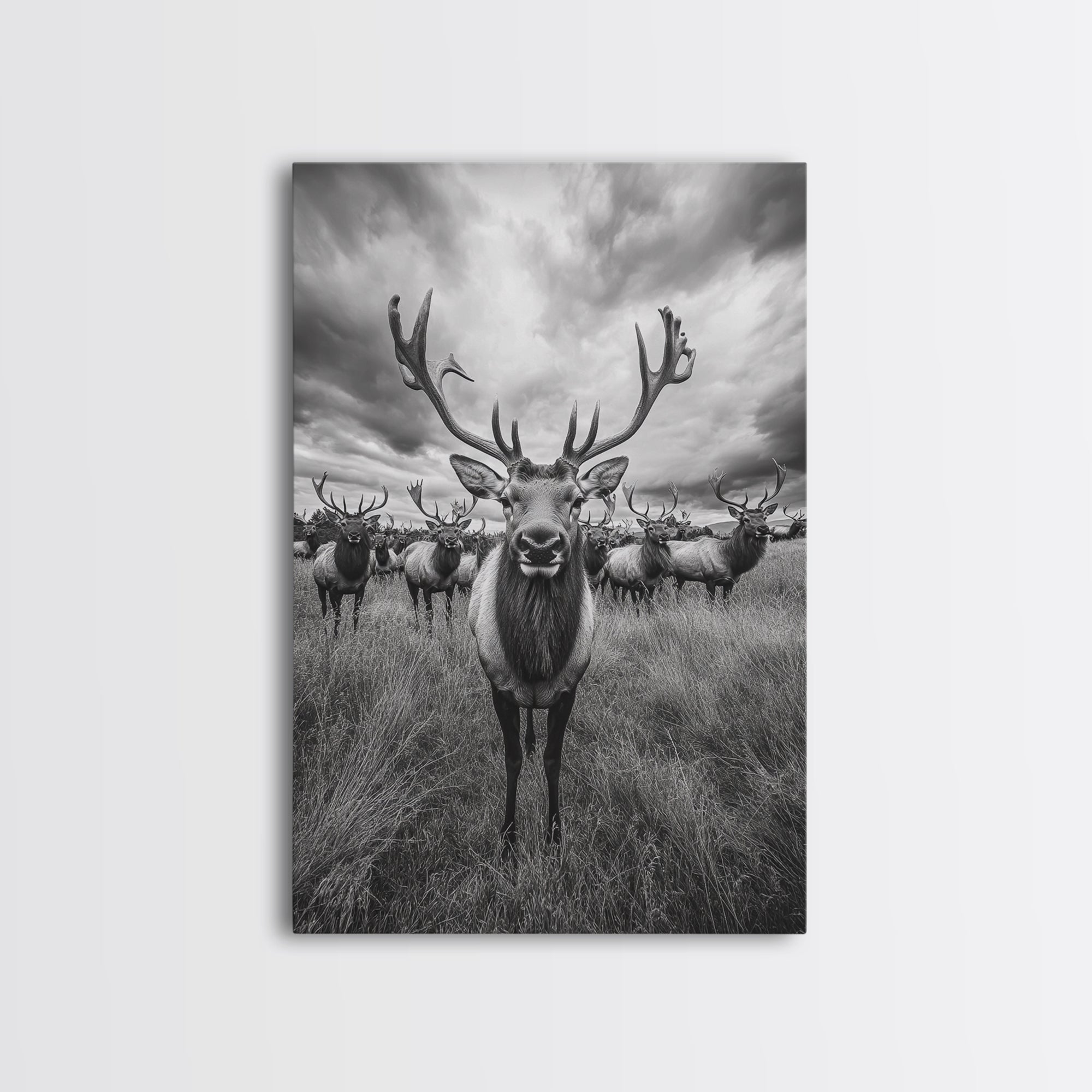 Elk in a Field, deer drinking water in forest painting, wildlife painting, rustic decor, cabin art, vintage Christmas, framed canvas print