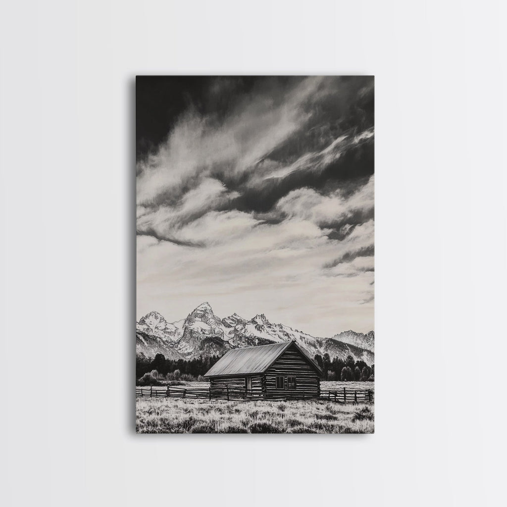 Rustic Cabin, Smoky Mountain Art, Black and White Landscape, Western Wall Art, Wabi Sabi Art, Farmhouse Decor, Canvas Print