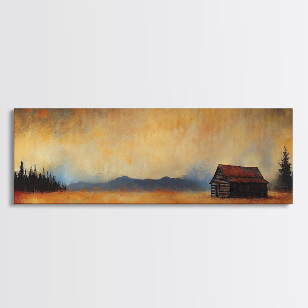 Rustic Wall Art, Framed Canvas Print, Barn Landscape Oil Painting, Moody Art, Extra Wide Art, Fall Decor, Living Room Art, Above Couch Art