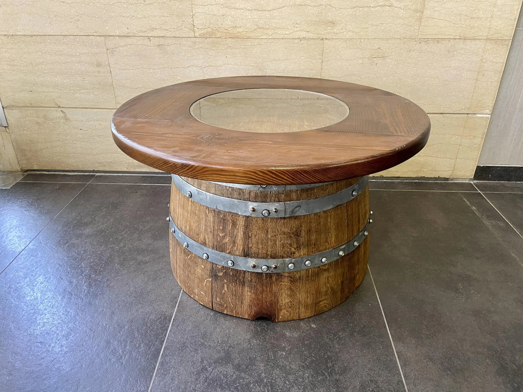 Wine Barrel Full Round Coffee Table Set with 4 Chairs - Rustic Whiskey Barrel Furniture Set - Handmade Solid Oak - Free Shipping