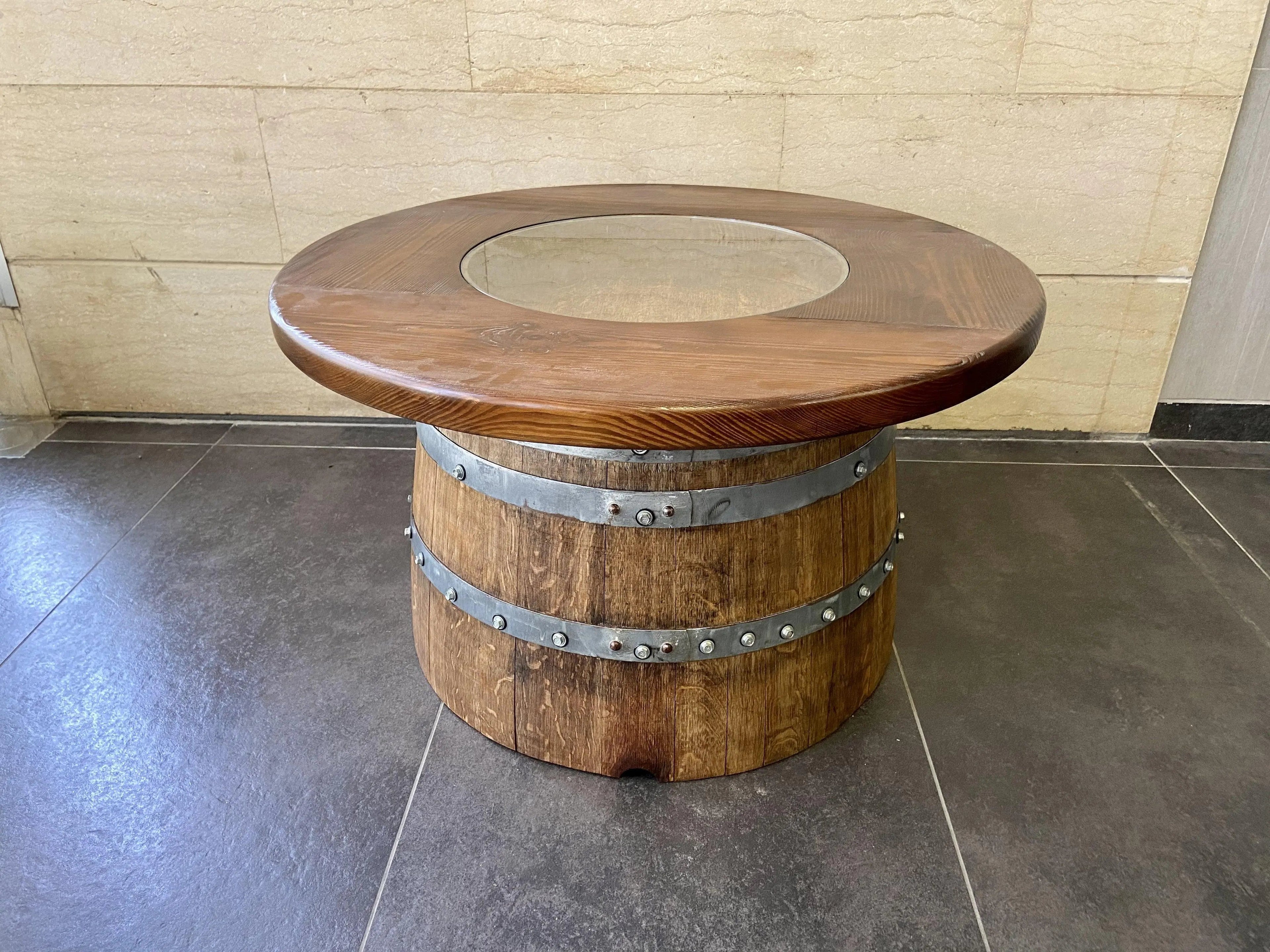 Wine Barrel Full Round Coffee Table Set with 4 Chairs - Rustic Whiskey Barrel Furniture Set - Handmade Solid Oak - Free Shipping