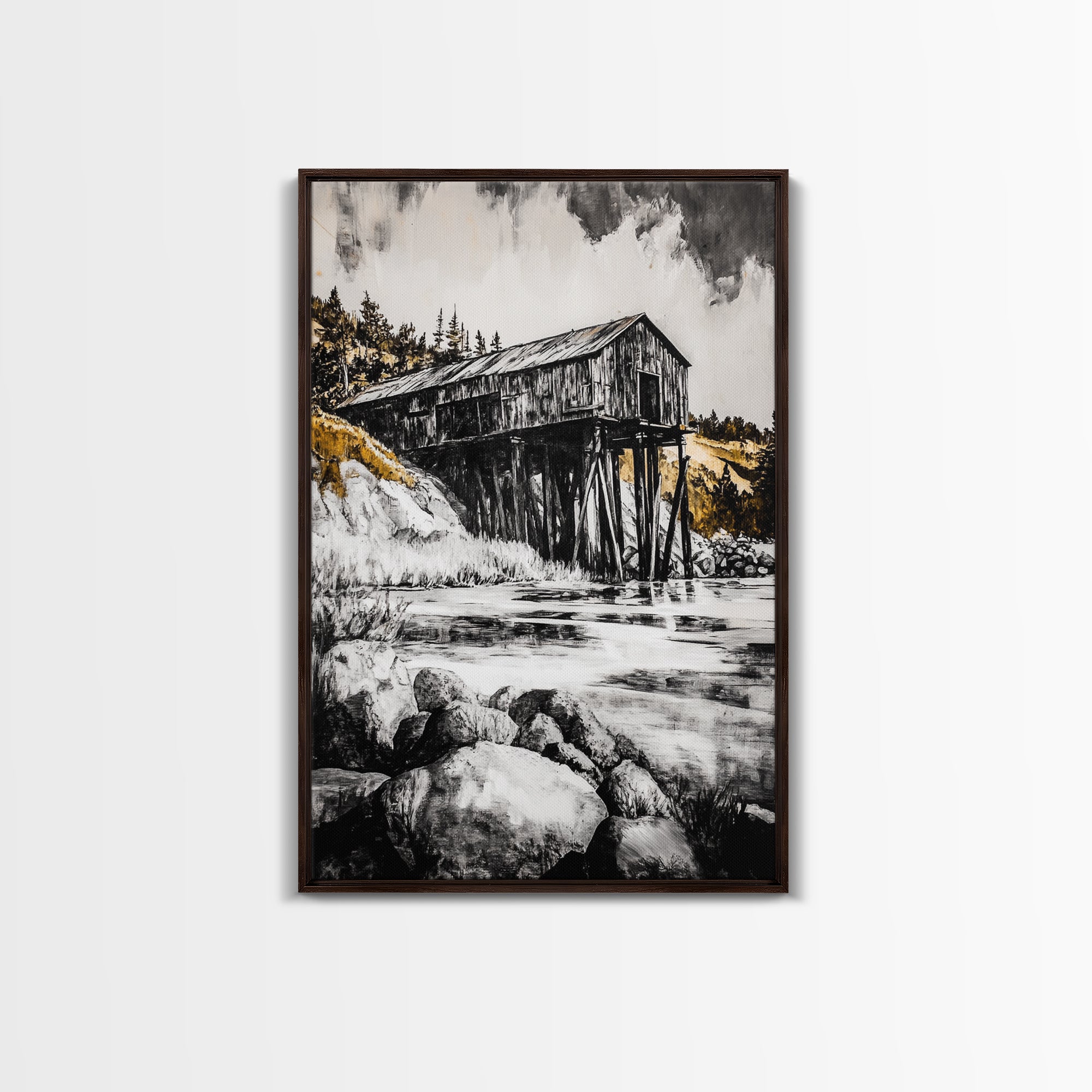 Rustic Barn, Countryside Art, Farmhouse Wall Decor, Vintage Landscape, Black and White Art, Cabin Wall Art, Homestead Vibes, Canvas Print