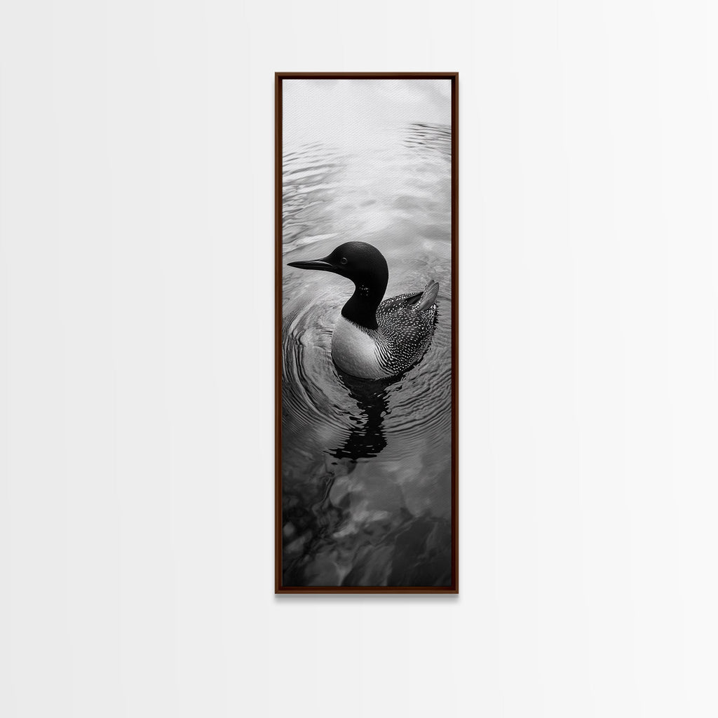 Water Loon, Lake Bird, Floating Wildlife, Nature Stillness, Serene Waterfowl Framed Canvas Print, Cabin Wall Art Rustic Lakehouse Decor