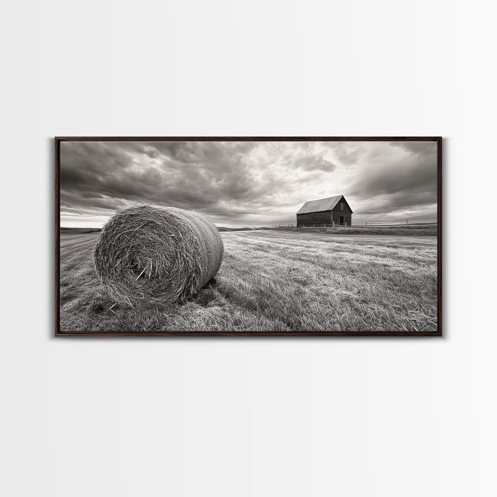 Barn Field, Hay Bale, Rural Farmland Scene, Autumn Countryside Art, Canvas Print, Farmhouse Wall Decor, Rustic Fall Living Room Art