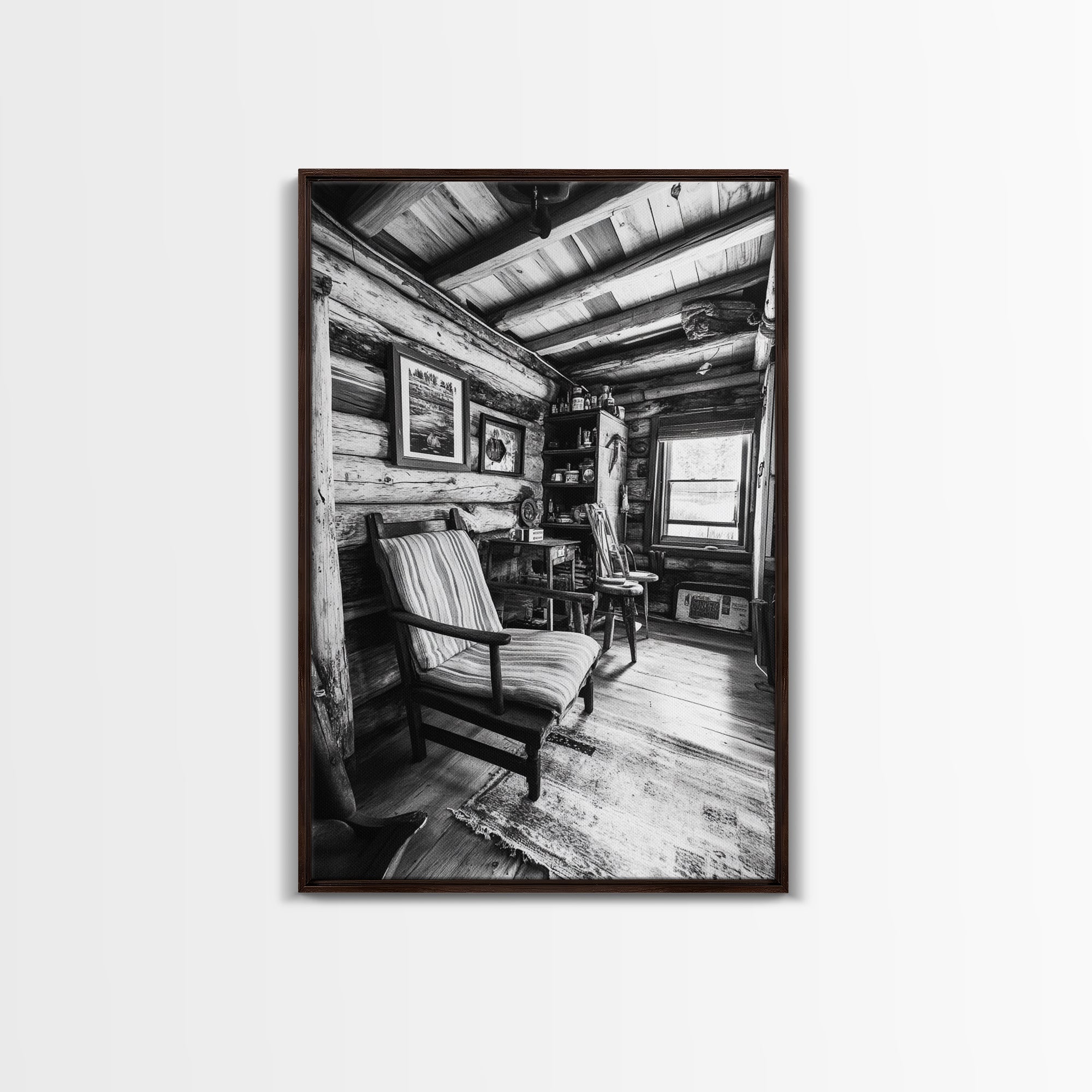 Cabin Interior View, Rustic Living Space, Cozy Homestead Scene, Framed Canvas Print, Farmhouse Wall Art, Country Cottage Decor