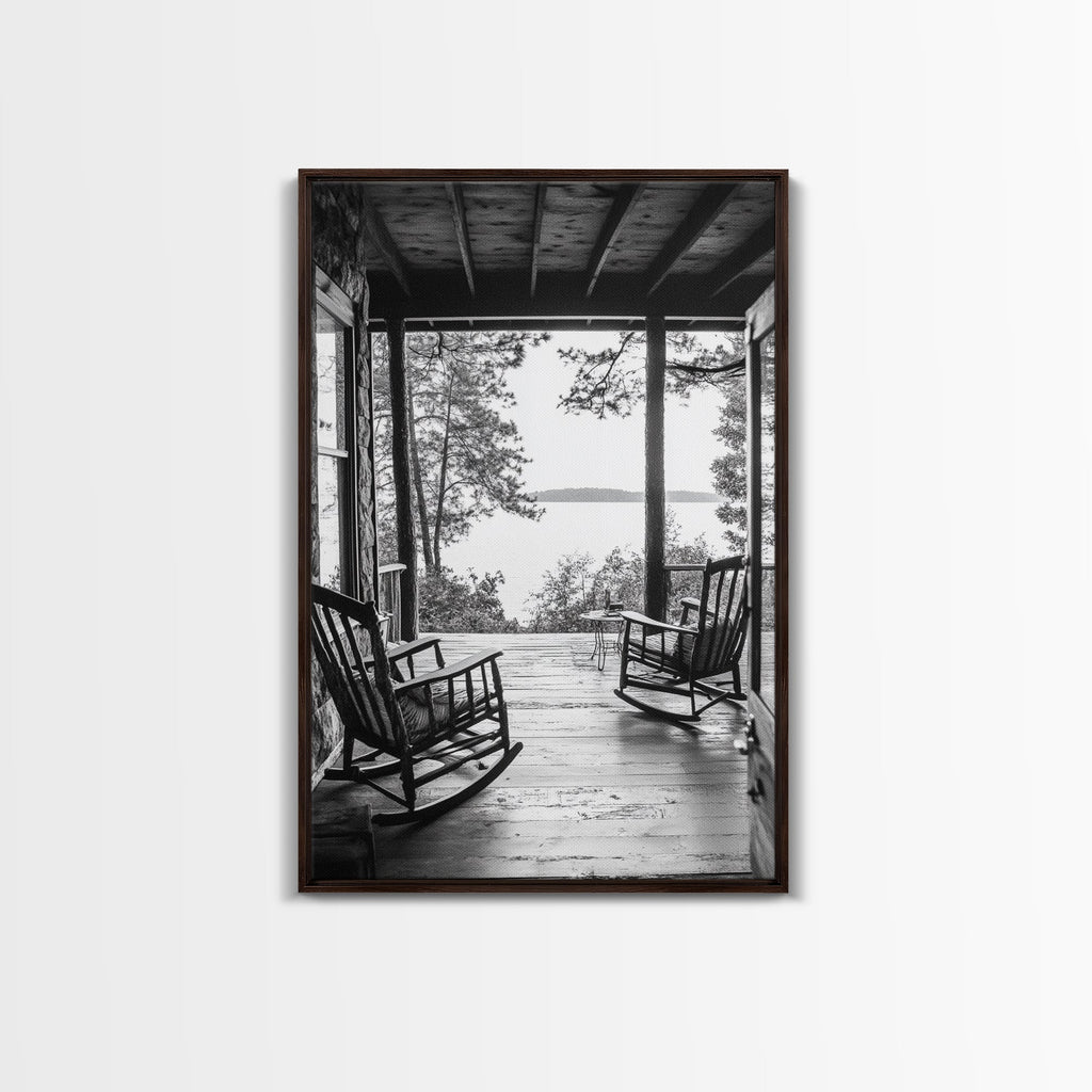 Rustic Porch View, Cabin Serenity, Lakefront Rocking Chairs, Framed Canvas Print, Farmhouse Wall Art, Living Room Decor, Fall Home Style