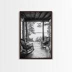 Rustic Porch View, Cabin Serenity, Lakefront Rocking Chairs, Framed Canvas Print, Farmhouse Wall Art, Living Room Decor, Fall Home Style