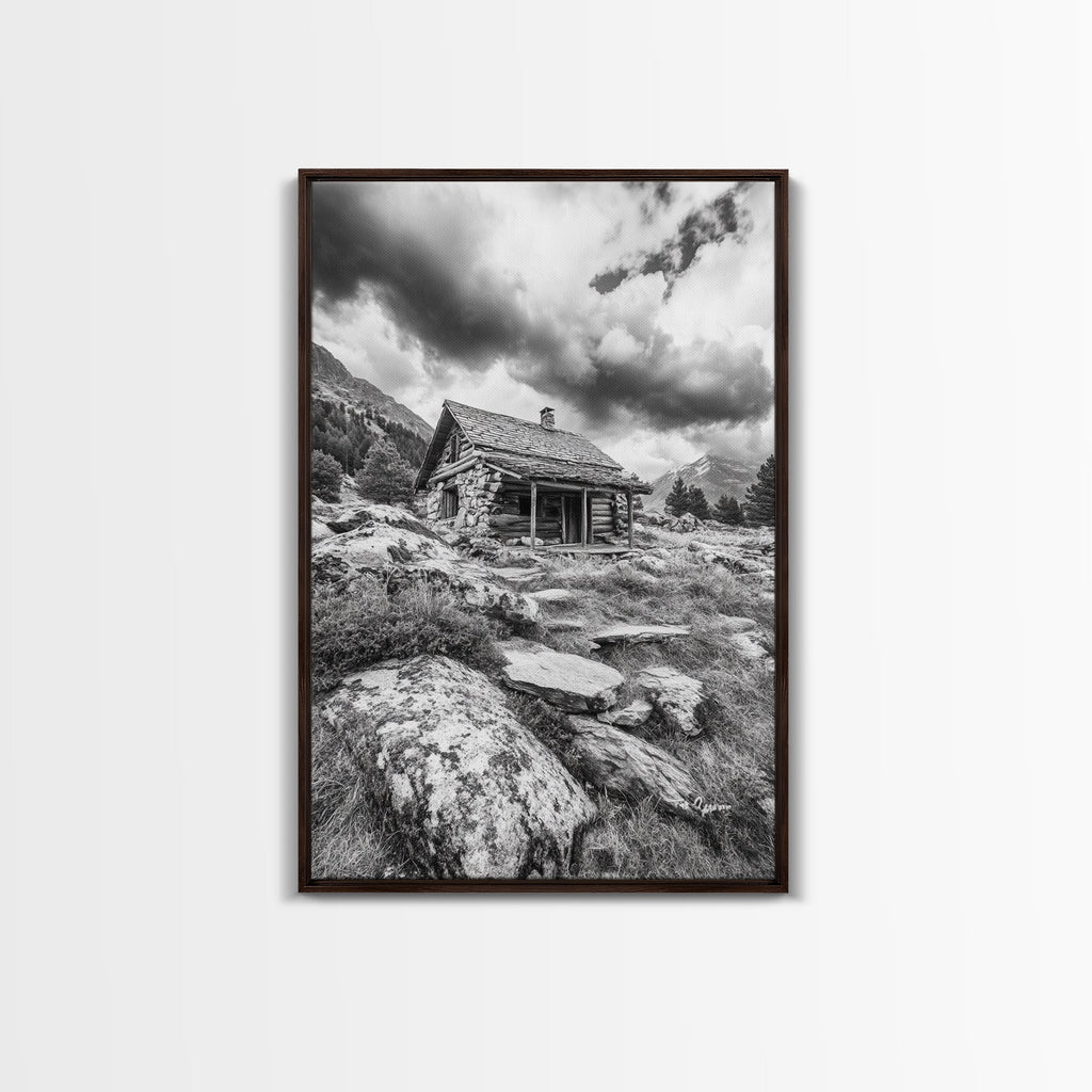 Rustic Cabin, Mountain Hideaway, Stormy Sky, Nature Lodge Decor, Framed Canvas Print, Autumn Vibes, Cozy Wall Art, Rustic Home Style