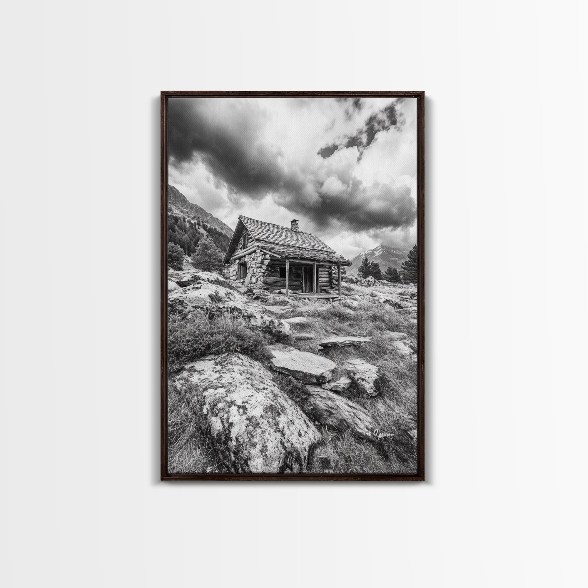 Rustic Cabin, Mountain Hideaway, Stormy Sky, Nature Lodge Decor, Framed Canvas Print, Autumn Vibes, Cozy Wall Art, Rustic Home Style