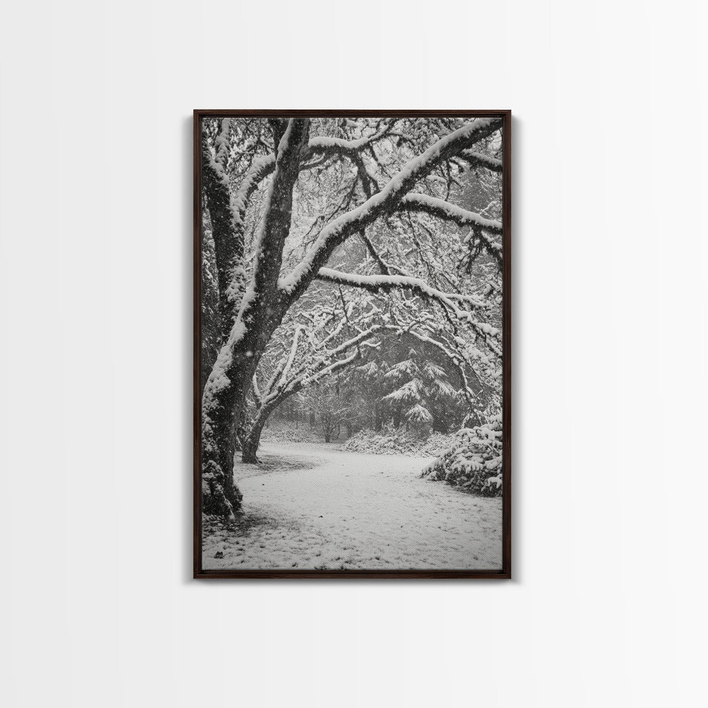 Snowfall Trees, Winter Forest, Nature Pathway, Canvas Print, Holiday Season Decor, Cozy Living Room or Cabin Wall Art