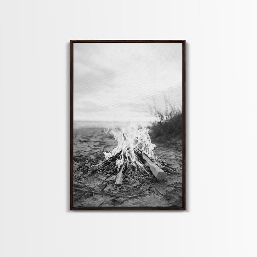 Campfire, Beach, Smoke, Glow - Cozy outdoor scene with flickering flame, Canvas Print, perfect rustic cabin or camping decor, Autumn Wall Art