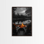 Campfire Chairs Lake, Autumn Firepit Scene, Rustic Retreat, Cabin Escape, Framed Canvas Print, cozy wall art, man cave cabin decor
