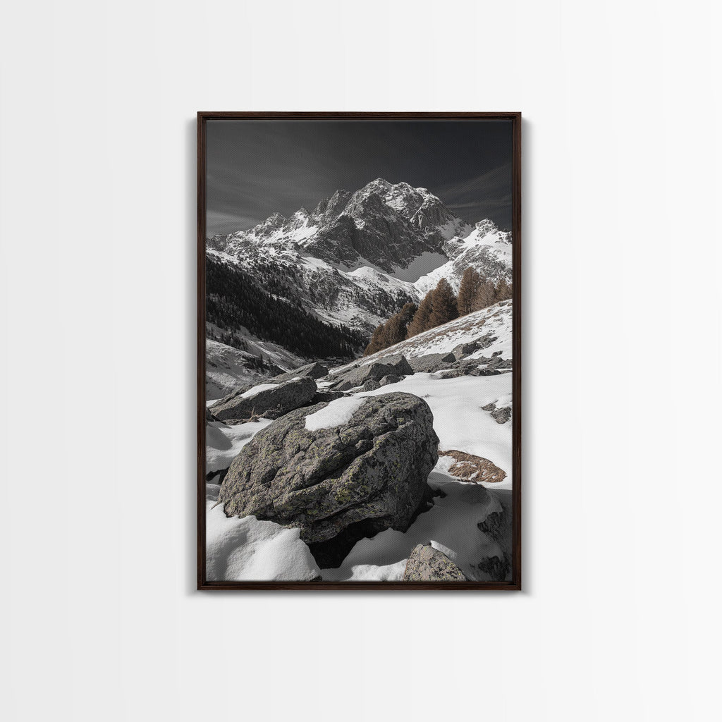 Snowy Alpine Scene, Winter Mountainscape, Nature Photography, Framed Canvas Print, Lodge Wall Art, Cabin Decor, Black and White Art