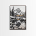Snow Reflection Forest, Autumn Trees, Serene Mountain River, Framed Canvas Print, Bedroom Wall Art, Peaceful Cabin Scene, Fall Art
