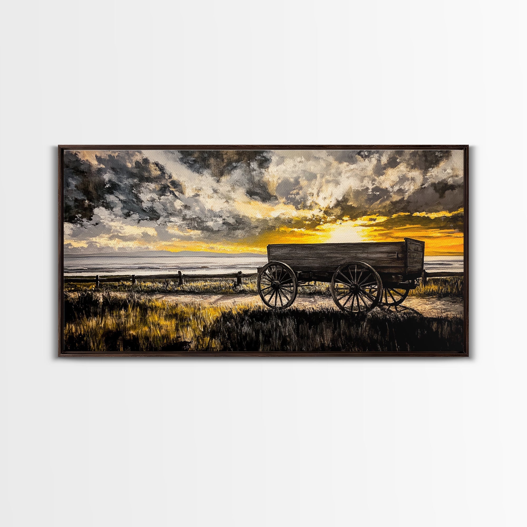 Wooden Wagon, barn landscape oil painting, rustic wall art, farmhouse art, vintage decor, extra wide art, framed canvas print, panoramic art
