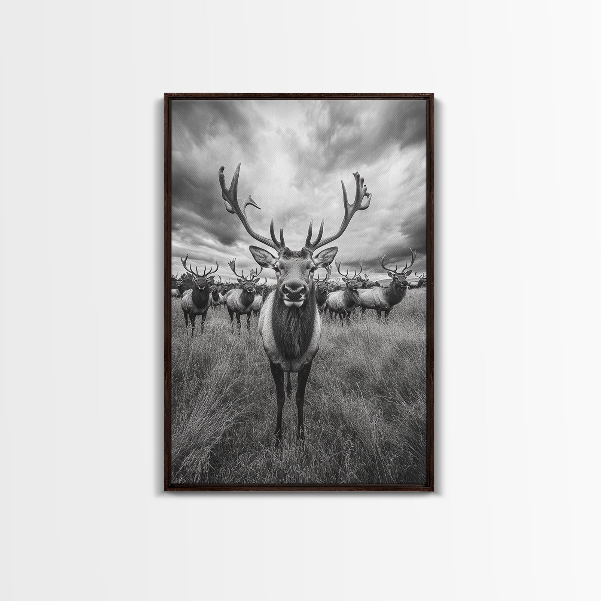 Elk in a Field, deer drinking water in forest painting, wildlife painting, rustic decor, cabin art, vintage Christmas, framed canvas print