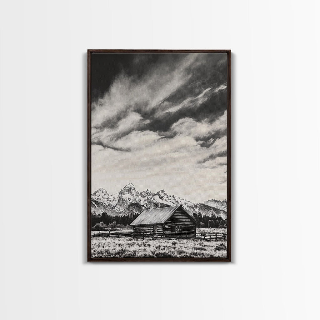 Rustic Cabin, Smoky Mountain Art, Black and White Landscape, Western Wall Art, Wabi Sabi Art, Farmhouse Decor, Canvas Print