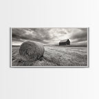 Barn Field, Hay Bale, Rural Farmland Scene, Autumn Countryside Art, Canvas Print, Farmhouse Wall Decor, Rustic Fall Living Room Art