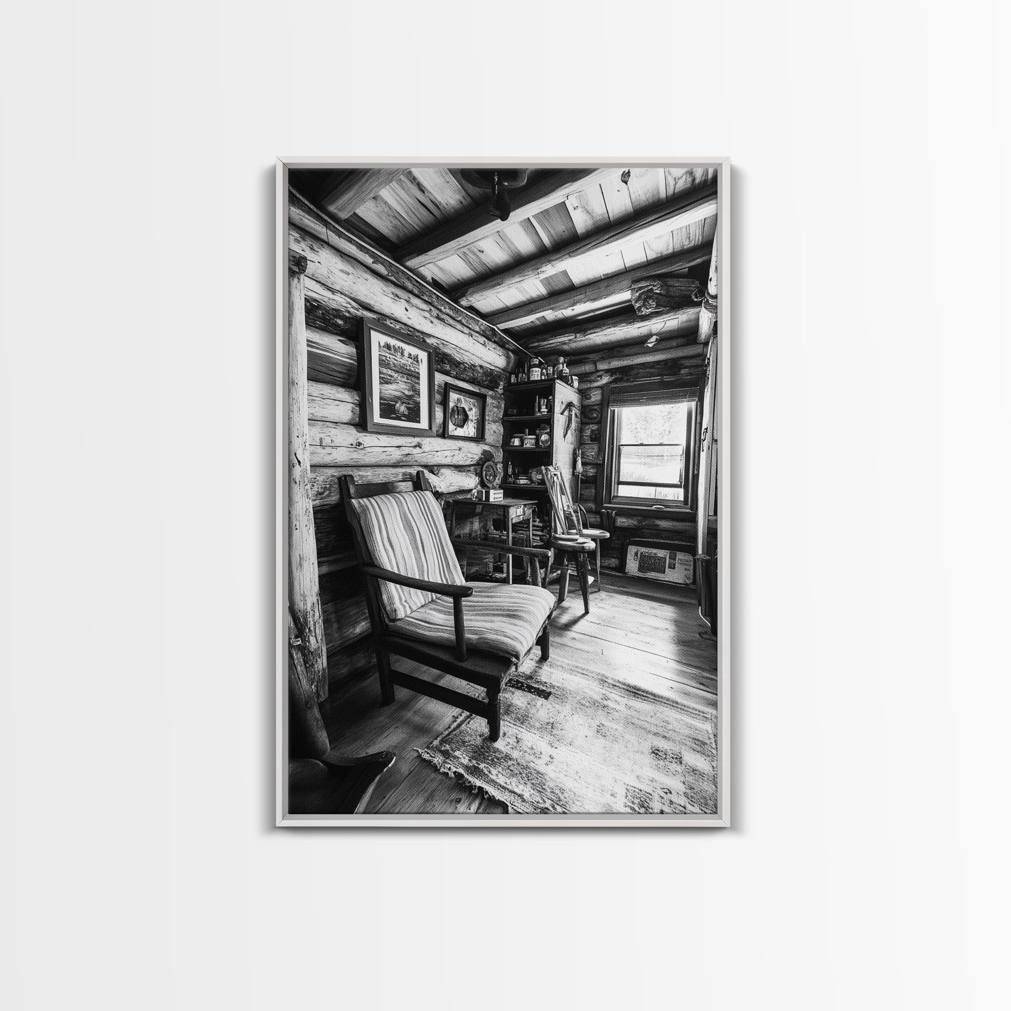 Cabin Interior View, Rustic Living Space, Cozy Homestead Scene, Framed Canvas Print, Farmhouse Wall Art, Country Cottage Decor