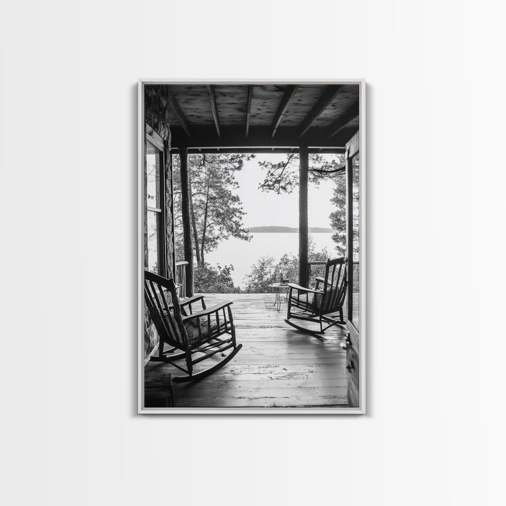 Rustic Porch View, Cabin Serenity, Lakefront Rocking Chairs, Framed Canvas Print, Farmhouse Wall Art, Living Room Decor, Fall Home Style