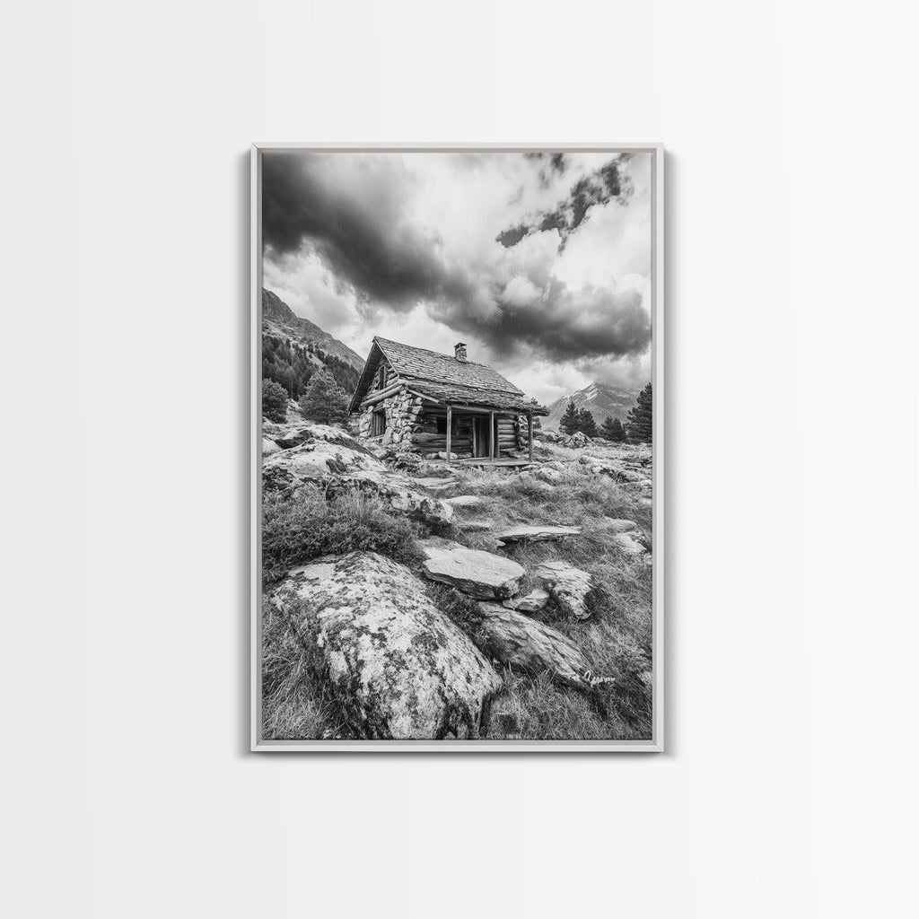 Rustic Cabin, Mountain Hideaway, Stormy Sky, Nature Lodge Decor, Framed Canvas Print, Autumn Vibes, Cozy Wall Art, Rustic Home Style