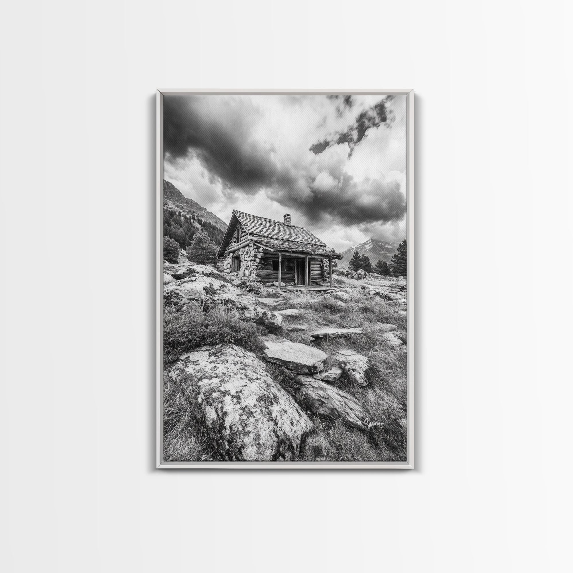 Rustic Cabin, Mountain Hideaway, Stormy Sky, Nature Lodge Decor, Framed Canvas Print, Autumn Vibes, Cozy Wall Art, Rustic Home Style