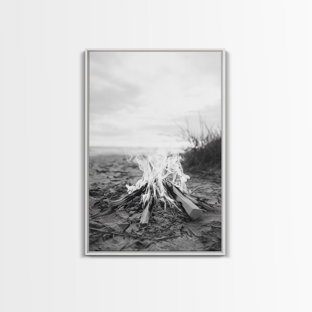 Campfire, Beach, Smoke, Glow - Cozy outdoor scene with flickering flame, Canvas Print, perfect rustic cabin or camping decor, Autumn Wall Art