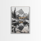 Snow Reflection Forest, Autumn Trees, Serene Mountain River, Framed Canvas Print, Bedroom Wall Art, Peaceful Cabin Scene, Fall Art