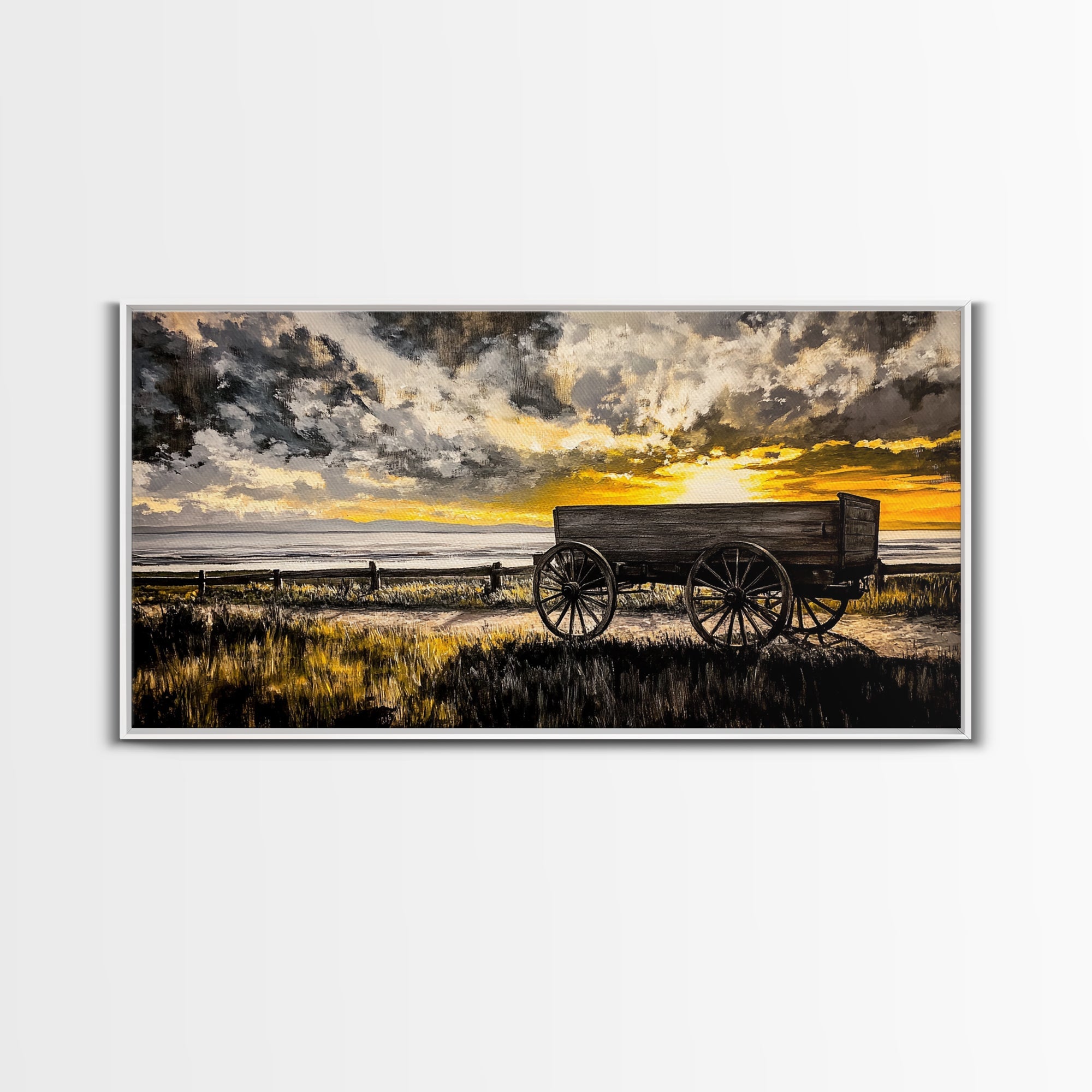 Wooden Wagon, barn landscape oil painting, rustic wall art, farmhouse art, vintage decor, extra wide art, framed canvas print, panoramic art