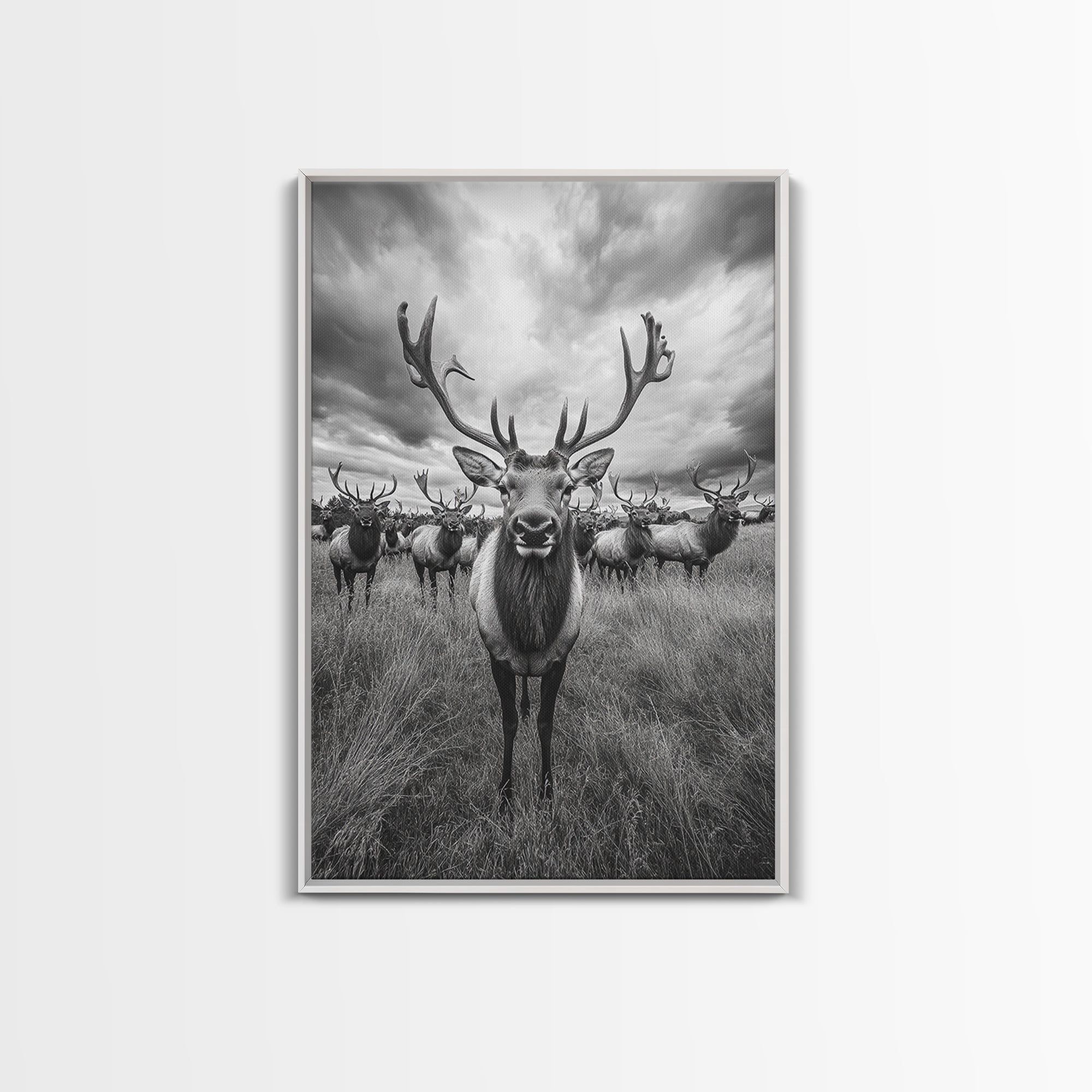 Elk in a Field, deer drinking water in forest painting, wildlife painting, rustic decor, cabin art, vintage Christmas, framed canvas print