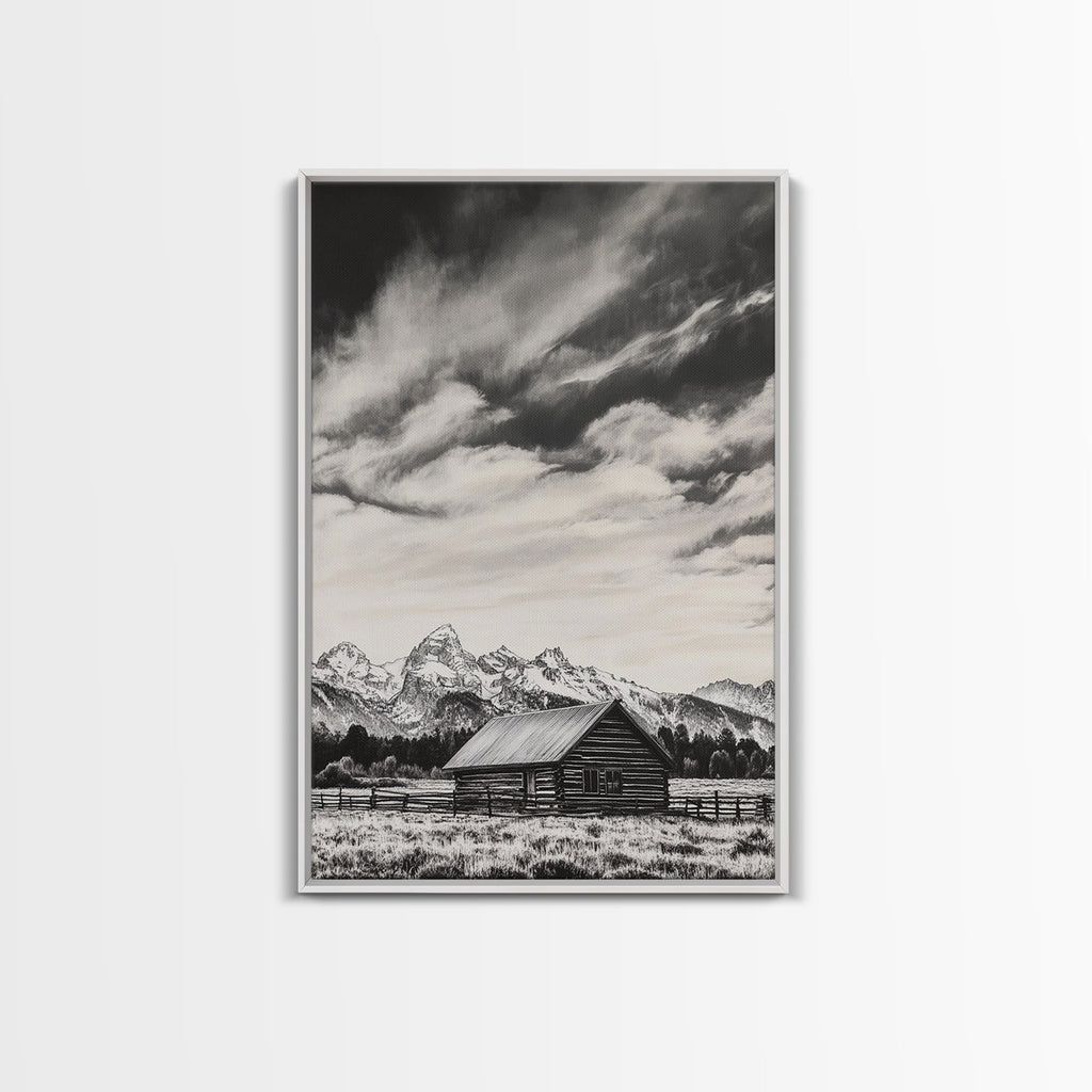 Rustic Cabin, Smoky Mountain Art, Black and White Landscape, Western Wall Art, Wabi Sabi Art, Farmhouse Decor, Canvas Print