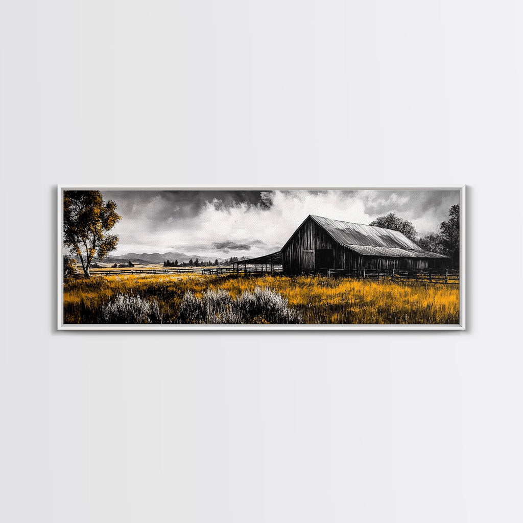 Western Ranch, barn landscape oil painting, rustic decor, farmhouse art, extra wide art, framed canvas print, above couch wall art