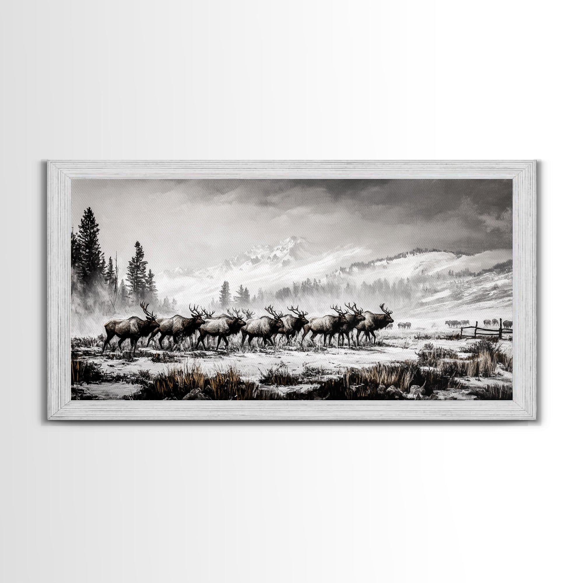 Elk, Wildlife, Mountain, Framed Canvas Print, Rustic Lodge Art, Winter Nature Scene, Cabin Wall Decor, Hunting Artwork, Western Aesthetic