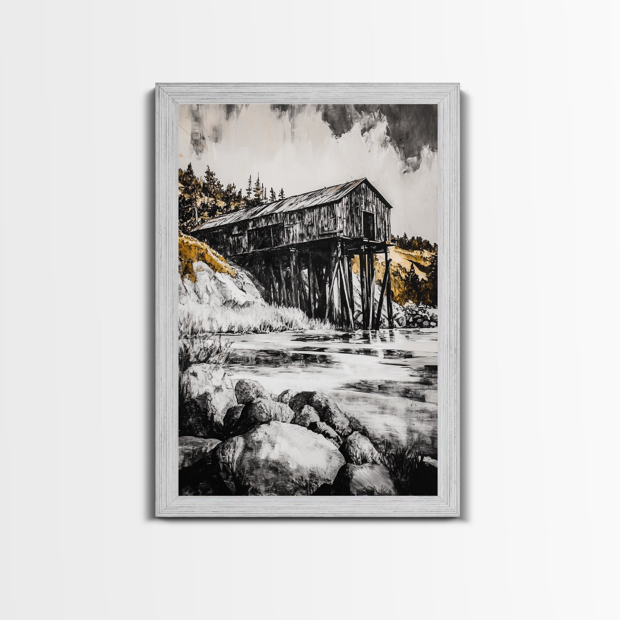 Rustic Barn, Countryside Art, Farmhouse Wall Decor, Vintage Landscape, Black and White Art, Cabin Wall Art, Homestead Vibes, Canvas Print