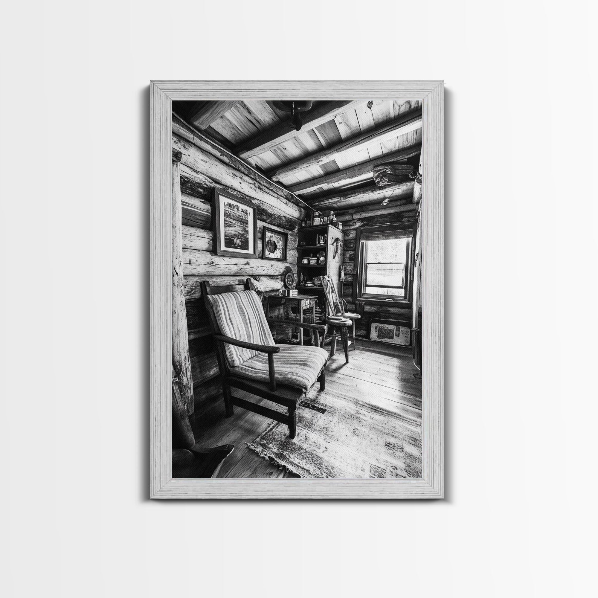 Cabin Interior View, Rustic Living Space, Cozy Homestead Scene, Framed Canvas Print, Farmhouse Wall Art, Country Cottage Decor