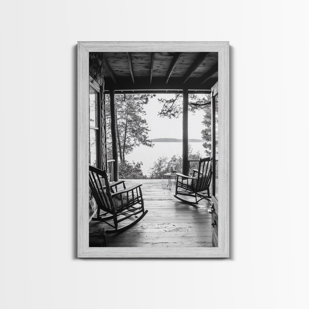 Rustic Porch View, Cabin Serenity, Lakefront Rocking Chairs, Framed Canvas Print, Farmhouse Wall Art, Living Room Decor, Fall Home Style
