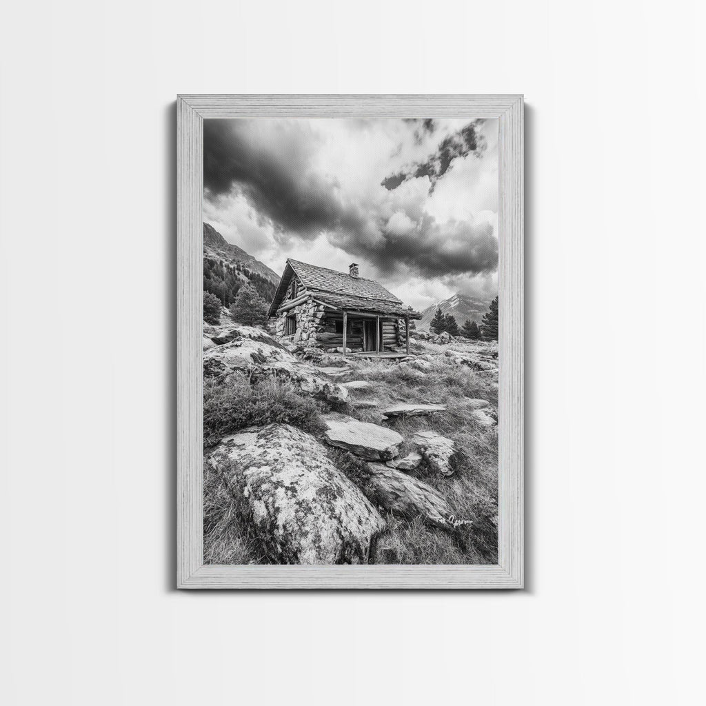 Rustic Cabin, Mountain Hideaway, Stormy Sky, Nature Lodge Decor, Framed Canvas Print, Autumn Vibes, Cozy Wall Art, Rustic Home Style