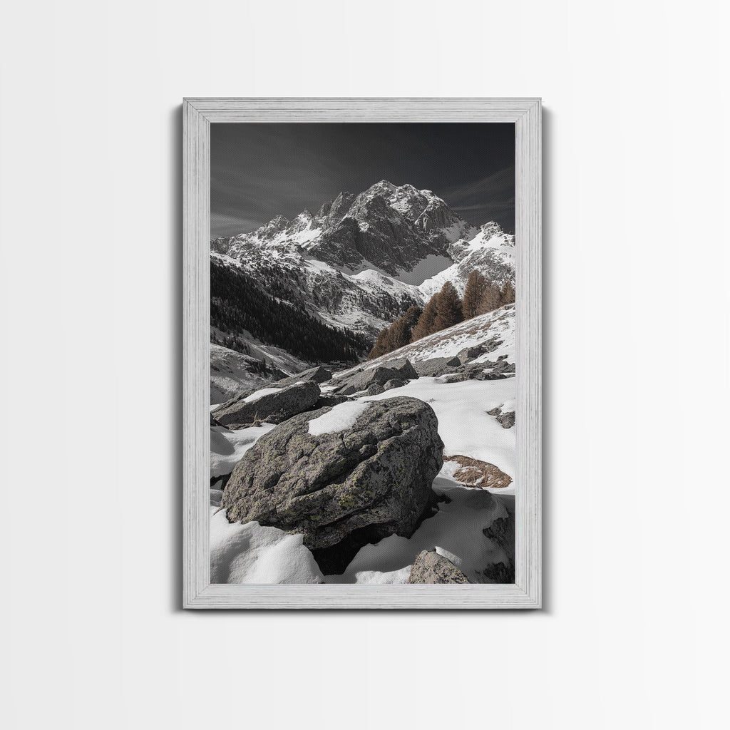 Snowy Alpine Scene, Winter Mountainscape, Nature Photography, Framed Canvas Print, Lodge Wall Art, Cabin Decor, Black and White Art
