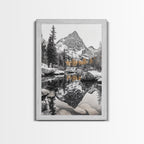 Snow Reflection Forest, Autumn Trees, Serene Mountain River, Framed Canvas Print, Bedroom Wall Art, Peaceful Cabin Scene, Fall Art