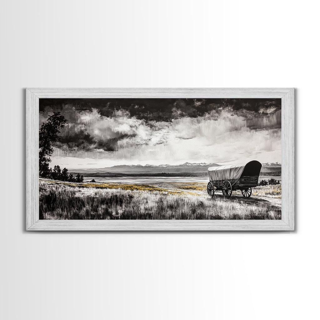 Covered Wagon, barn landscape oil painting, rustic wall art, farmhouse decor, panoramic art, smoky mountain art, Framed Canvas Print, landscape