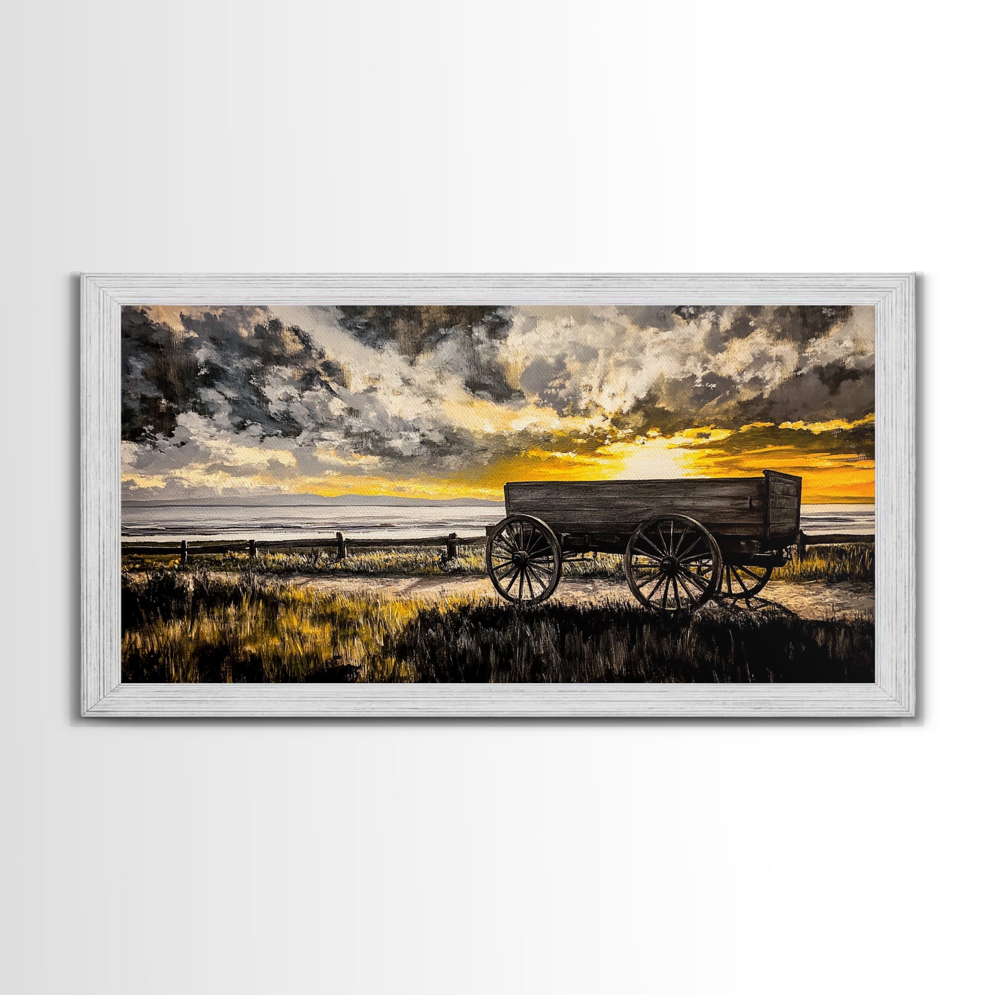 Wooden Wagon, barn landscape oil painting, rustic wall art, farmhouse art, vintage decor, extra wide art, framed canvas print, panoramic art