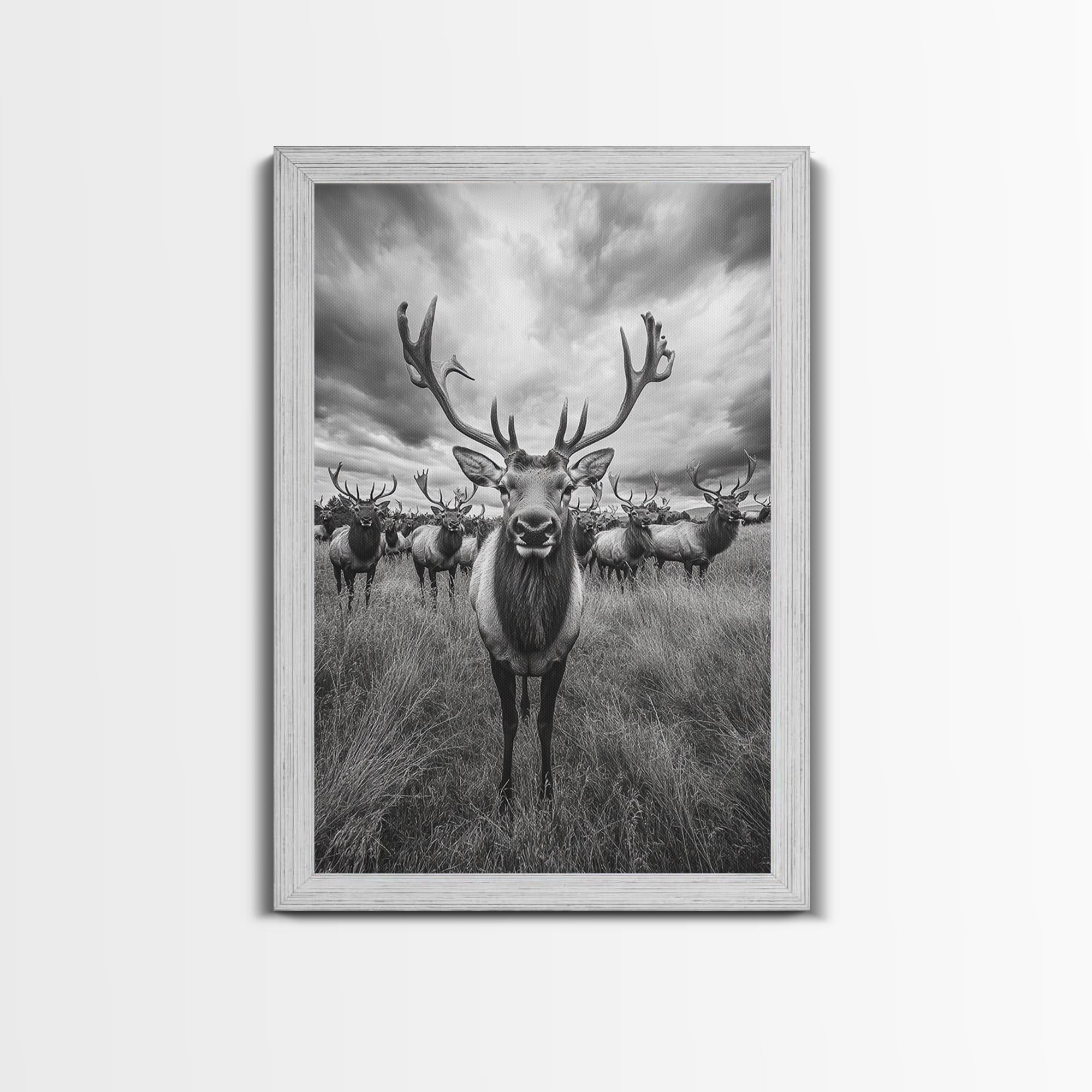 Elk in a Field, deer drinking water in forest painting, wildlife painting, rustic decor, cabin art, vintage Christmas, framed canvas print