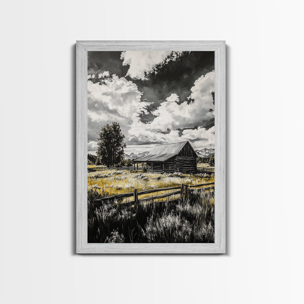 Rustic Barn, Farmhouse Art, Canvas Print, rustic wall art, barn landscape oil painting, smoky mountain art, wabi sabi wall art, vintage Christmas