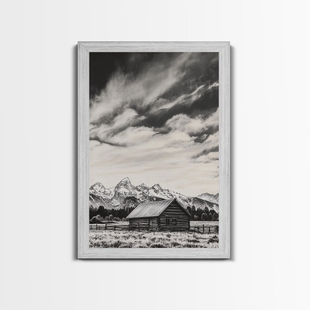 Rustic Cabin, Smoky Mountain Art, Black and White Landscape, Western Wall Art, Wabi Sabi Art, Farmhouse Decor, Canvas Print