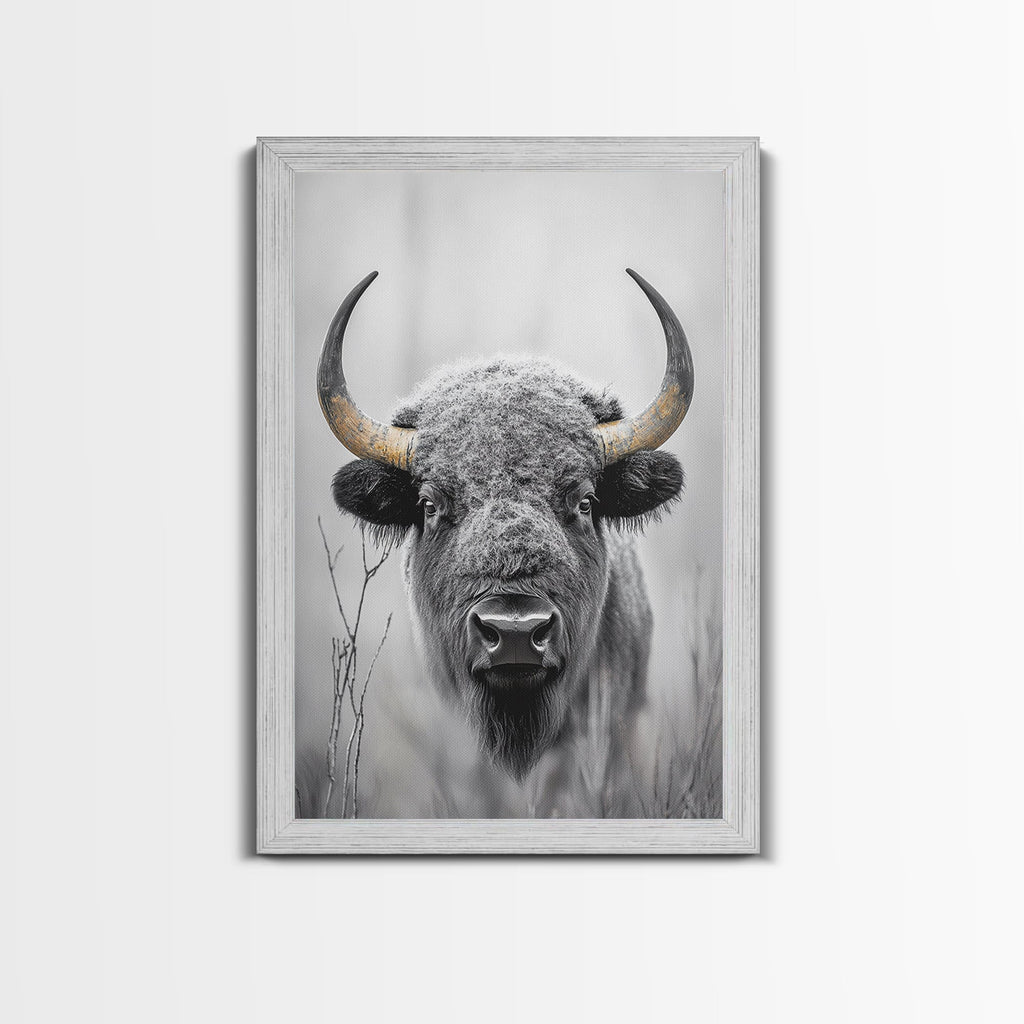 Bison, buffalo art, wildlife painting, framed canvas print, rustic decor, western wall art, moody nature, farmhouse animal art, southwest