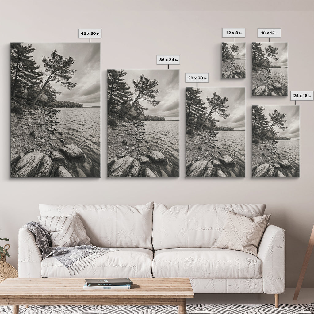 Pine Shoreline Landscape, Calm Water Trees, Autumn Mood, Canvas Print, Rustic Cabin Wall Art, Bedroom Nature Decor, Earthy Photography