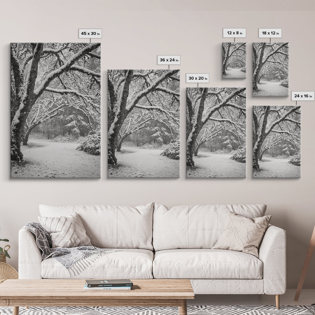 Snowfall Trees, Winter Forest, Nature Pathway, Canvas Print, Holiday Season Decor, Cozy Living Room or Cabin Wall Art
