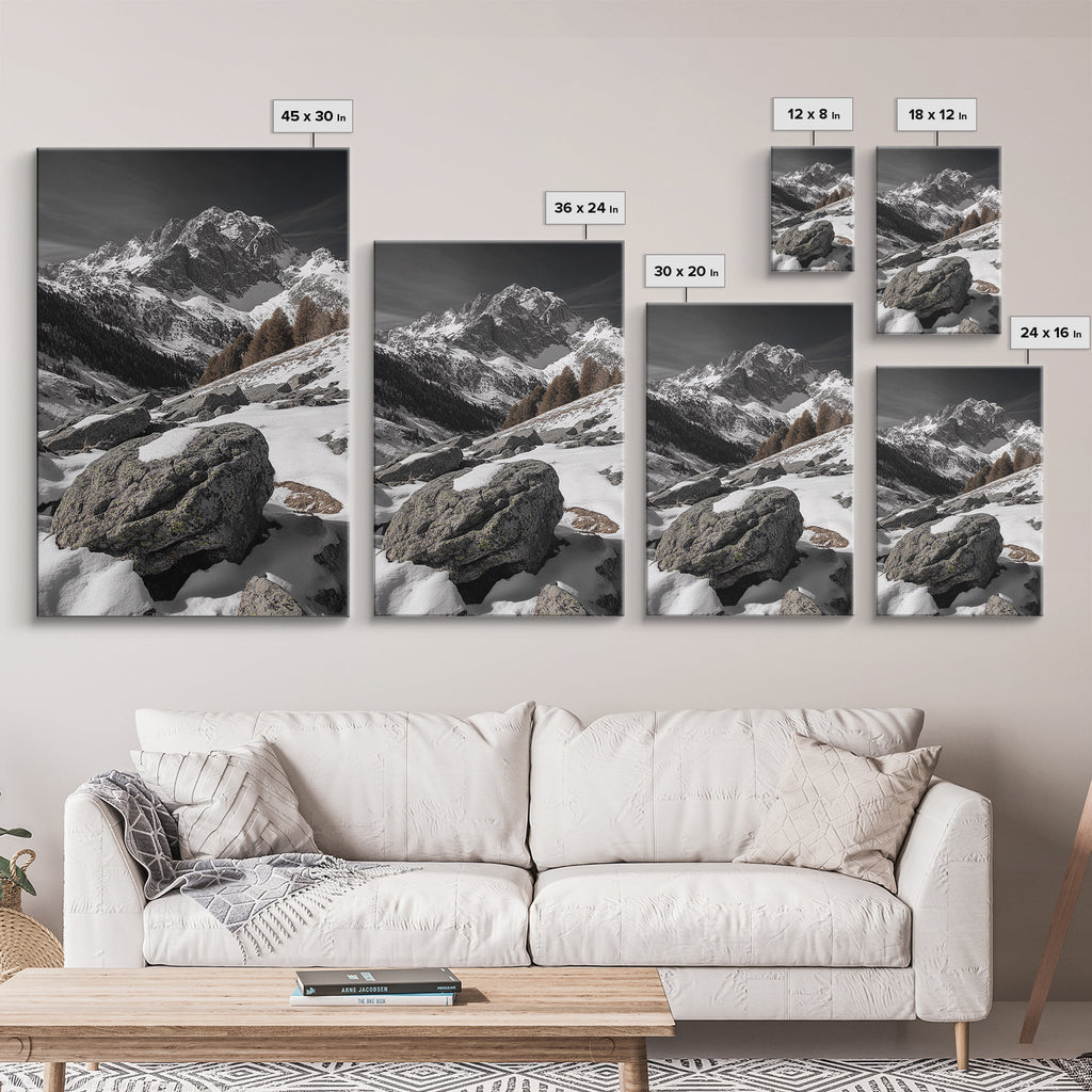 Snowy Alpine Scene, Winter Mountainscape, Nature Photography, Framed Canvas Print, Lodge Wall Art, Cabin Decor, Black and White Art